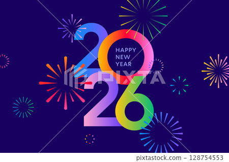 2026 New Year card, colorful fireworks poster background 128754553