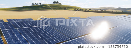 Expansive solar panel array situated in a scenic, rural landscape with rolling hills 128754750