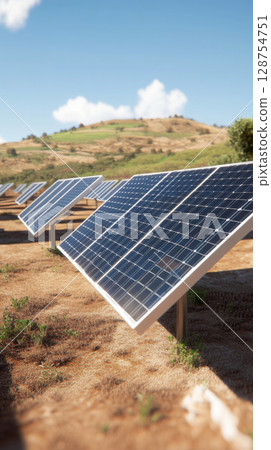 Expansive solar panel array situated in a scenic, rural landscape with rolling hills 128754751