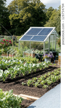 Garden with small greenhouse and vegetable beds, aerial view, sustainable gardening 128754794
