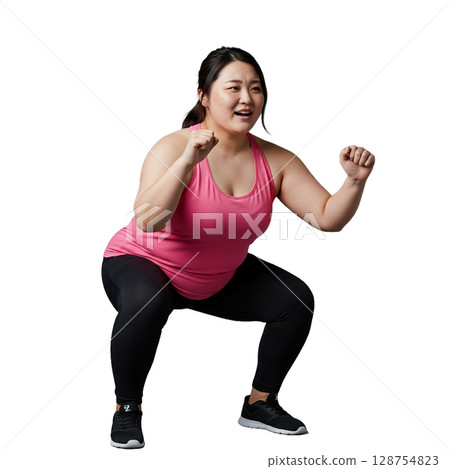 A woman squatting 128754823