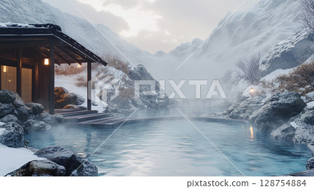 冬日晨曦照耀下的夢幻溫泉 冬日晨曦照耀下的夢幻溫泉 128754884