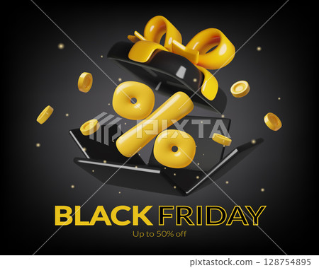 Black Friday sale banner design with big percentage sign and coins in a black gift box on dark  128754895
