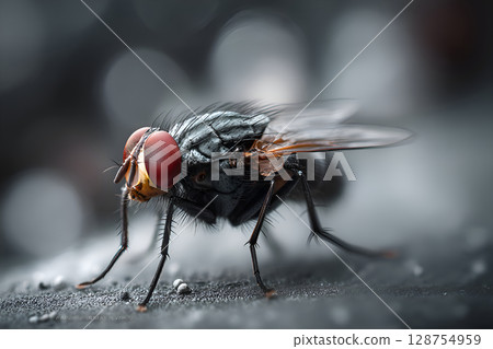 Housefly standing on a surface with red eyes and spread wings Housefly standing on a surface with red eyes and spread wings 128754959