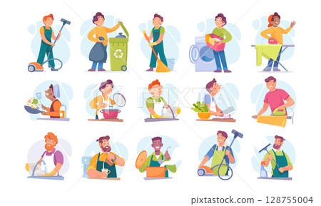 A Varied Range of Domestic Activities Illustrated in a Vibrant and Colorful Style 128755004