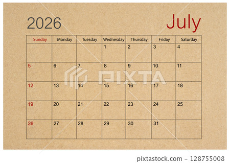 Brown paper calendar for July 2026 isolated on white background, Save clipping path. 128755008