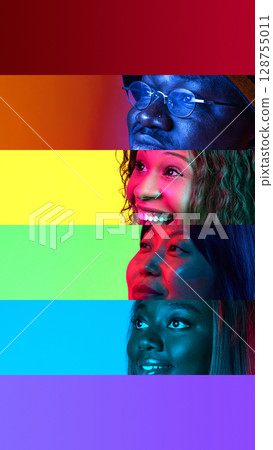 Colorful collage of smiling diverse people in horizontal stripes. Concept of equality in a workspace, positive identity campaigns, inclusive branding, lifestyle and education visuals. Colorful collage of smiling diverse people in horizontal stripes. Concept of equality in a workspace, positive identity campaigns, inclusive branding, lifestyle and education visuals. 128755011