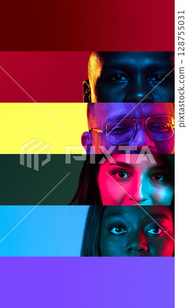 Dark neon collage of diverse eyes and faces arranged in horizontal color blocks. Concept of identity, tolerance campaigns, LGBT pride content, design posters, and social awareness media. Dark neon collage of diverse eyes and faces arranged in horizontal color blocks. Concept of identity, tolerance campaigns, LGBT pride content, design posters, and social awareness media. 128755031