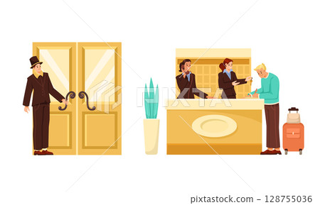 A scene at the hotel reception area featuring engaging interactions with guests and staff 128755036