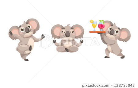 Cheerful and Fun Playful Koala Characters Having a Great Time Enjoying Refreshing Drinks Cheerful and Fun Playful Koala Characters Having a Great Time Enjoying Refreshing Drinks 128755042