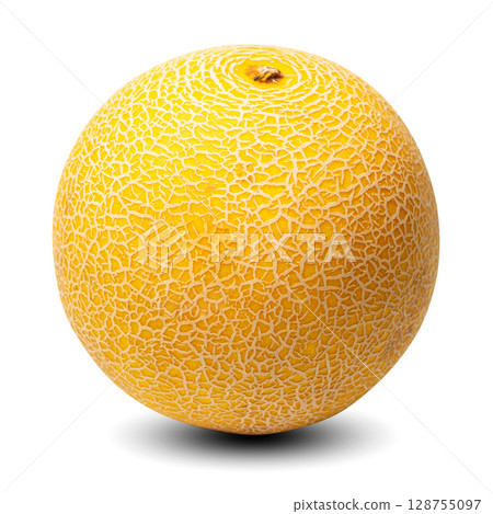 Photo of whole round yellow ripe tasty natural organic melon isolated on white background Photo of whole round yellow ripe tasty natural organic melon isolated on white background 128755097