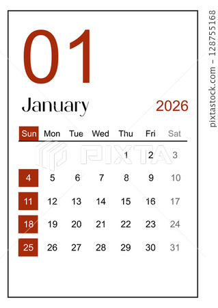 Calendar January 2026 sheet isolated on white background, Save clipping path. 128755168