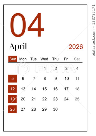 Calendar April 2026 sheet isolated on white background, Save clipping path. Calendar April 2026 sheet isolated on white background, Save clipping path. 128755171