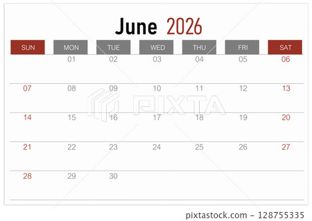 Calendar page for June 2026 year isolated on white background, Save clipping path. 128755335