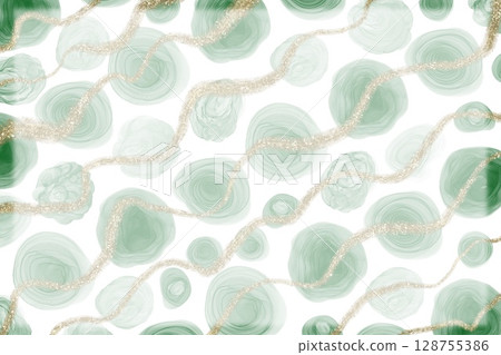 摘要橫幅。白色背景上粗糙的綠色酒精墨水藝術圓點和金色亮片的對角線條紋 摘要橫幅。白色背景上粗糙的綠色酒精墨水藝術圓點和金色亮片的對角線條紋 128755386