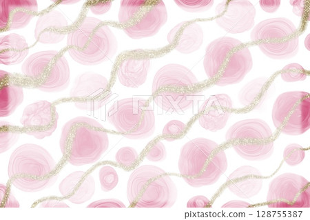 摘要橫幅。粉紅色酒精墨水藝術波爾卡圓點和金色亮片粗糙的對角條紋，白色背景上 128755387