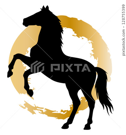 Round brush Horse silhouette illustration material New Year's card Gold Black 128755399