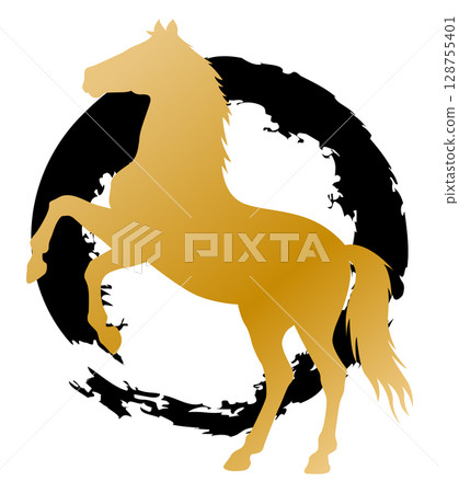 圓刷馬剪影插畫素材新年賀卡金黑色 128755401
