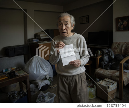 An elderly man finds documents in his messy room. 128755404