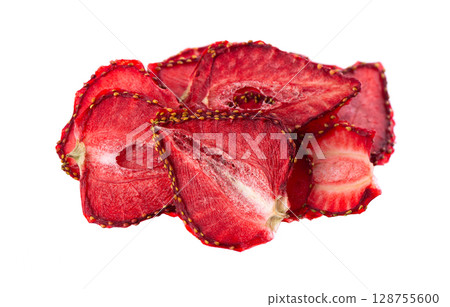 Dried strawberry slices isolated on white background. Dehydrated strawberries chips. Clipping path. 128755600