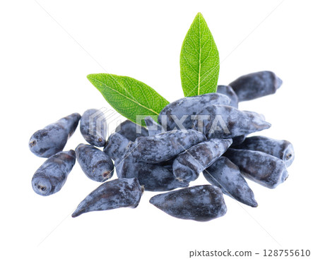 Honeysuckle berry isolated on white background. Fresh honeysuckle blue berry fruits with green leaves. Clipping path. Honeysuckle berry isolated on white background. Fresh honeysuckle blue berry fruits with green leaves. Clipping path. 128755610