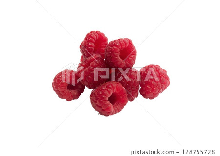 Raspberries isolated on white background. Sweet ripe fresh delicious raspberry, summer berry, 128755728