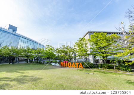 Niigata City, Niigata Prefecture, Niigata City Arts and Culture Center "Ryutopia", Niigata Prefectural Civic Hall and the letter monument "NIIGATA" Niigata City, Niigata Prefecture, Niigata City Arts and Culture Center "Ryutopia", Niigata Prefectural Civic Hall and the letter monument "NIIGATA" 128755804