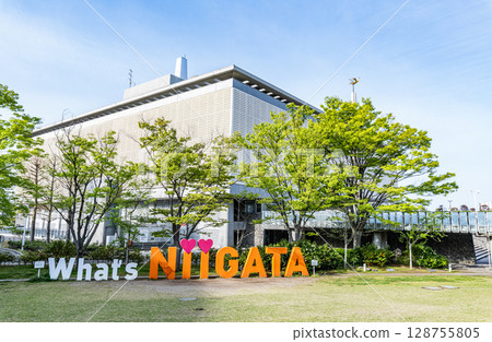 Niigata Prefectural Civic Hall and the "NIIGATA" Monument in Niigata City, Niigata Prefecture 128755805