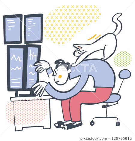 Life with pets: A cat riding on a trader's back. The reality of telework. Stock illustration material 128755912