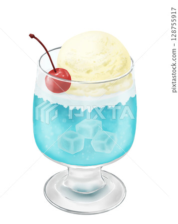 藍色夏威夷蘇打果凍佐椰果和冰淇淋 藍色夏威夷蘇打果凍佐椰果和冰淇淋 128755917