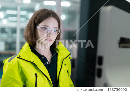 women engineer using computer control panel cnc machine at workshop. technician Female control automated machine process programming cnc machine at industry manufacturing. heavy industrial. women engineer using computer control panel cnc machine at workshop. technician Female control automated machine process programming cnc machine at industry manufacturing. heavy industrial. 128756090