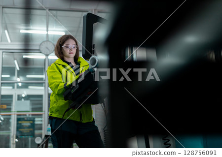 women engineer using computer control panel cnc machine at workshop. technician Female control automated machine process programming cnc machine at industry manufacturing. heavy industrial. women engineer using computer control panel cnc machine at workshop. technician Female control automated machine process programming cnc machine at industry manufacturing. heavy industrial. 128756091