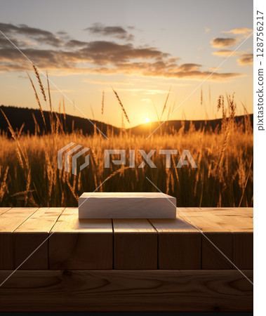 Product display stone podium Among the wheat fields, evening light 128756217