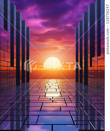 Abstract images and evening light shining through the door, perspective view 128756247