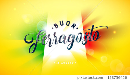 Buon Ferragosto Italy Midsummer Festival Design with Colorful Flag and Typography Lettering on Yellow Background. Vector Italian Language Illustration with Summer Holiday Elements for Banner, Flyer 128756426