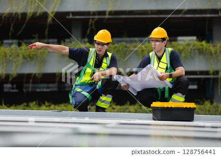 Team technicians and engineers working installing and inspection standards of solar panels on roof of industrial factory. Energy solutions from nature sunlight clean renewable. 128756441