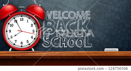 Back to School Banner Design with Red Alarm Clock and Typography Lettering on Black Chalkboard Background. Vector School Education Illustration with Hand Drawn Doodles for Greeting Card, Flyer 128756506