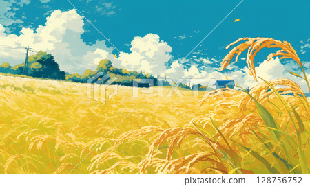 Rice near harvest and blue sky copy space 128756752