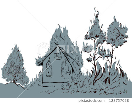 Vector drawing. Burning house and trees 128757058