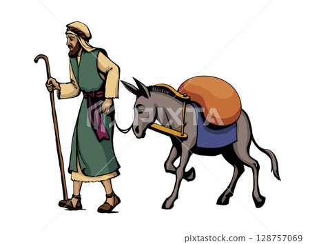 Vector drawing. Donkey loaded with cargo 128757069