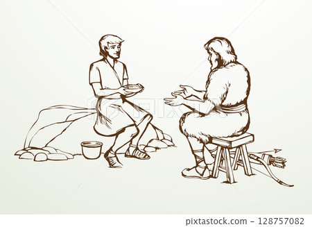 Vector drawing. Jacob gives soup to Esau 128757082