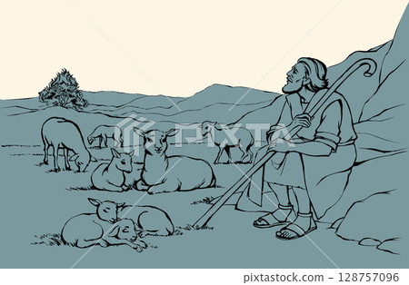 Vector drawing. Shepherd with sheep. Moses look at flaming bush Vector drawing. Shepherd with sheep. Moses look at flaming bush 128757096