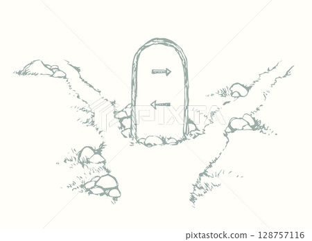Vector drawing. Stone with an inscription on the crossroads Vector drawing. Stone with an inscription on the crossroads 128757116