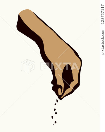 A hand is holding a pinch of salt. Vector drawing A hand is holding a pinch of salt. Vector drawing 128757117
