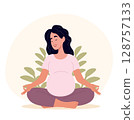 Pregnant woman meditating outdoors, surrounded by nature. Concept of health, self-care, and pregnancy. 128757133