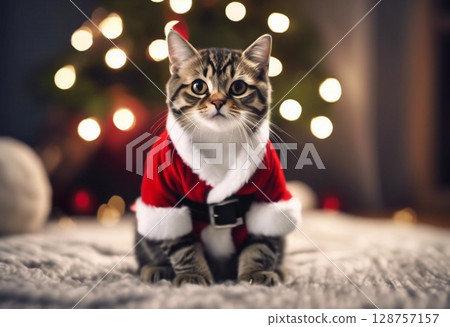 貓咪穿著聖誕老人的服裝享受聖誕節 128757157