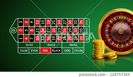 Casino roulette table illustration. Green gambling roulette table with numbers play cards coins and 128757165