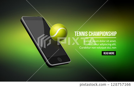 Tennis championship mobile app promotion with green tennis ball emerging from smartphone on black Tennis championship mobile app promotion with green tennis ball emerging from smartphone on black 128757166