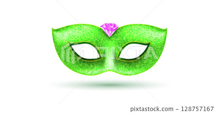 Green glitter carnival mask with pink gemstone and eye cutouts on white background for masquerade Green glitter carnival mask with pink gemstone and eye cutouts on white background for masquerade 128757167