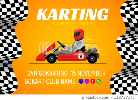 Go kart race background poster. Karting race car cartoon helmet driver sport backgorund 128757175